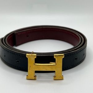 Authentic Vintage Hermes Navy Belt with Red Reverse Stamped "H" Gold Buckle/78